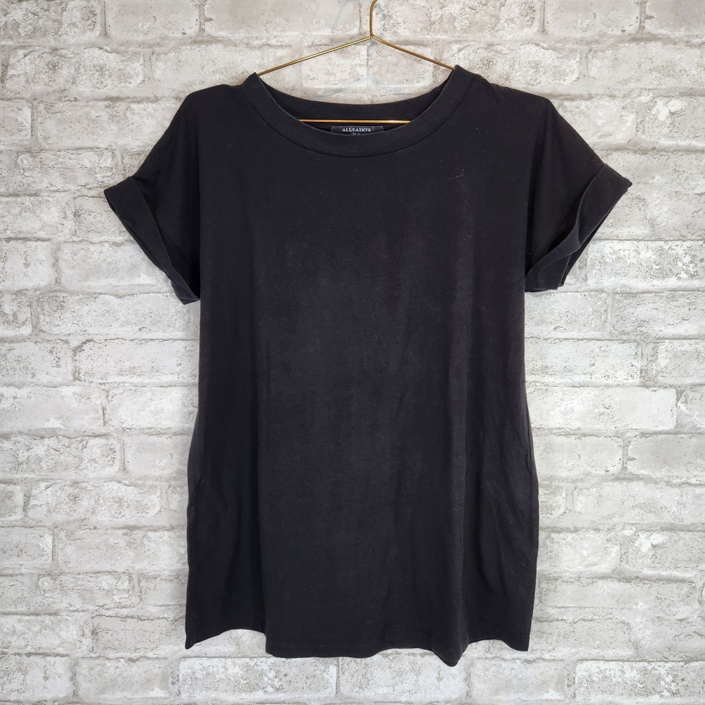 AllSaints T-Shirt Black Cuffed Sleeve Cotton Modal Minimalist Size XS/S Tall
